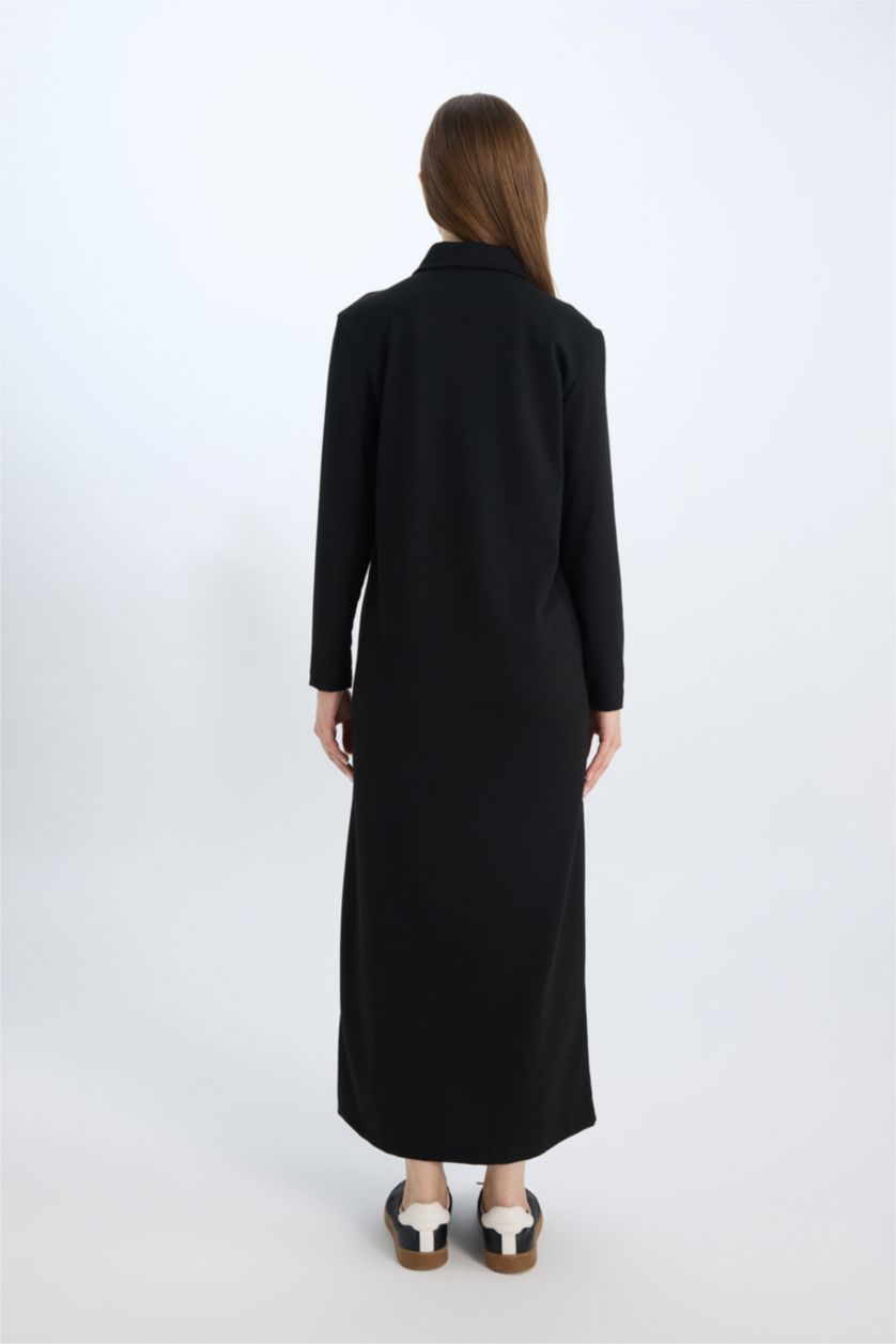WOMAN Black Regular Fit Shirt Collar Basic Pique Maxi Dress