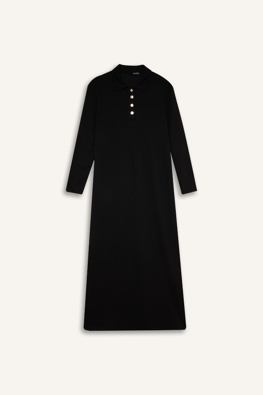 WOMAN Black Regular Fit Shirt Collar Basic Pique Maxi Dress