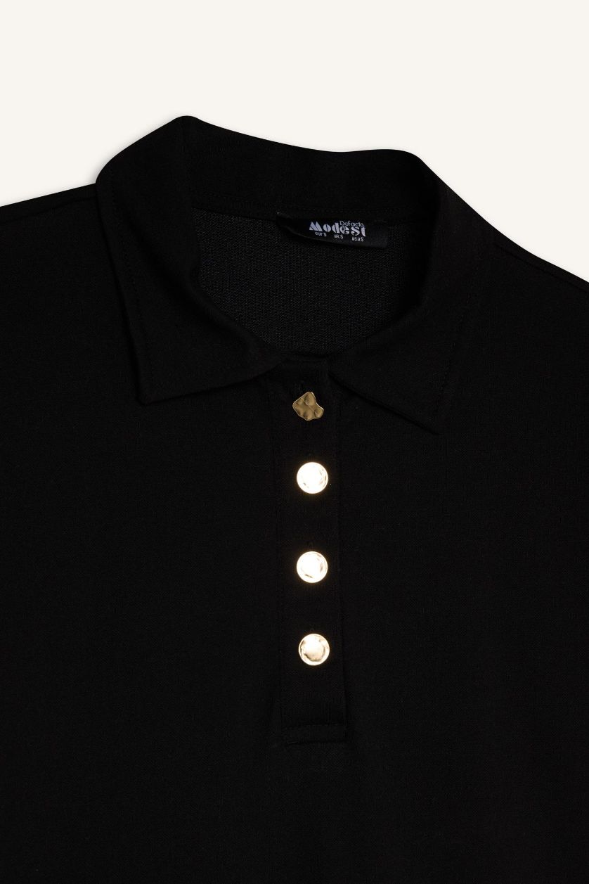 WOMAN Black Regular Fit Shirt Collar Basic Pique Maxi Dress