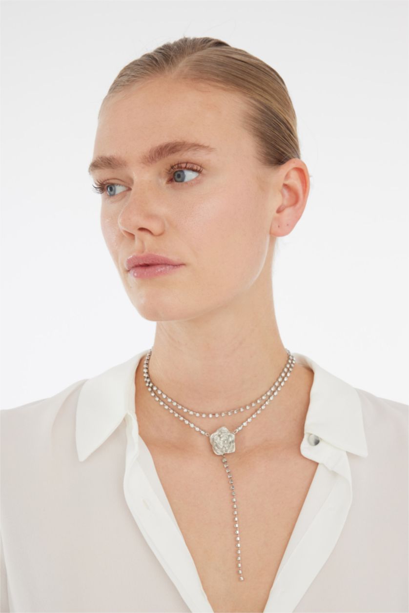 FEMME Gümüş Collier argenté en strass avec détail rose pour femme