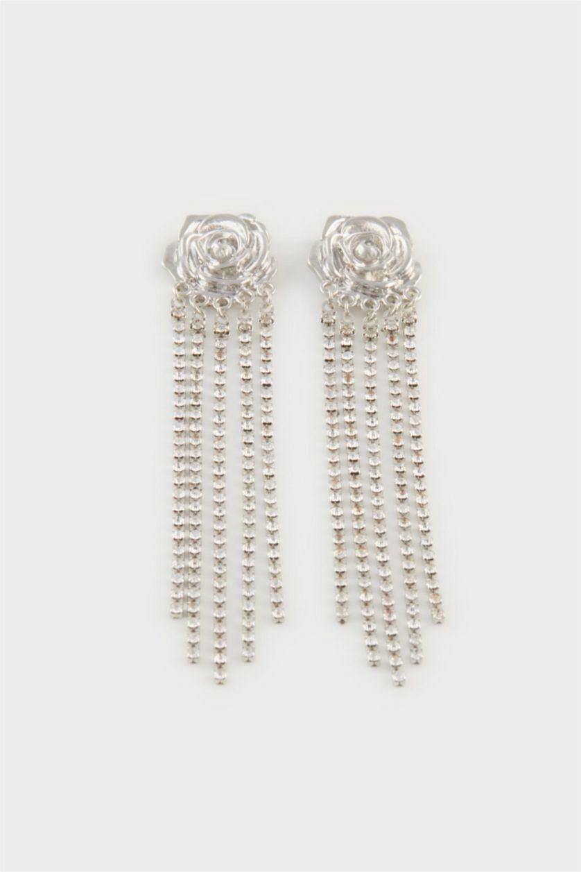 Kadın Gümüş Kadın Gül Detaylı Taşlı Sallantılı Silver Küpe