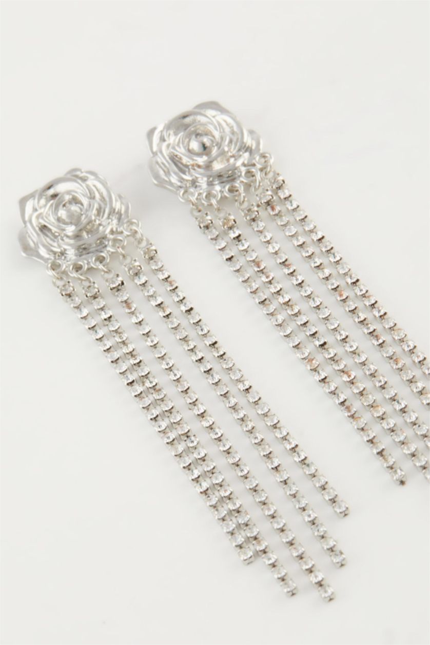 Kadın Gümüş Kadın Gül Detaylı Taşlı Sallantılı Silver Küpe