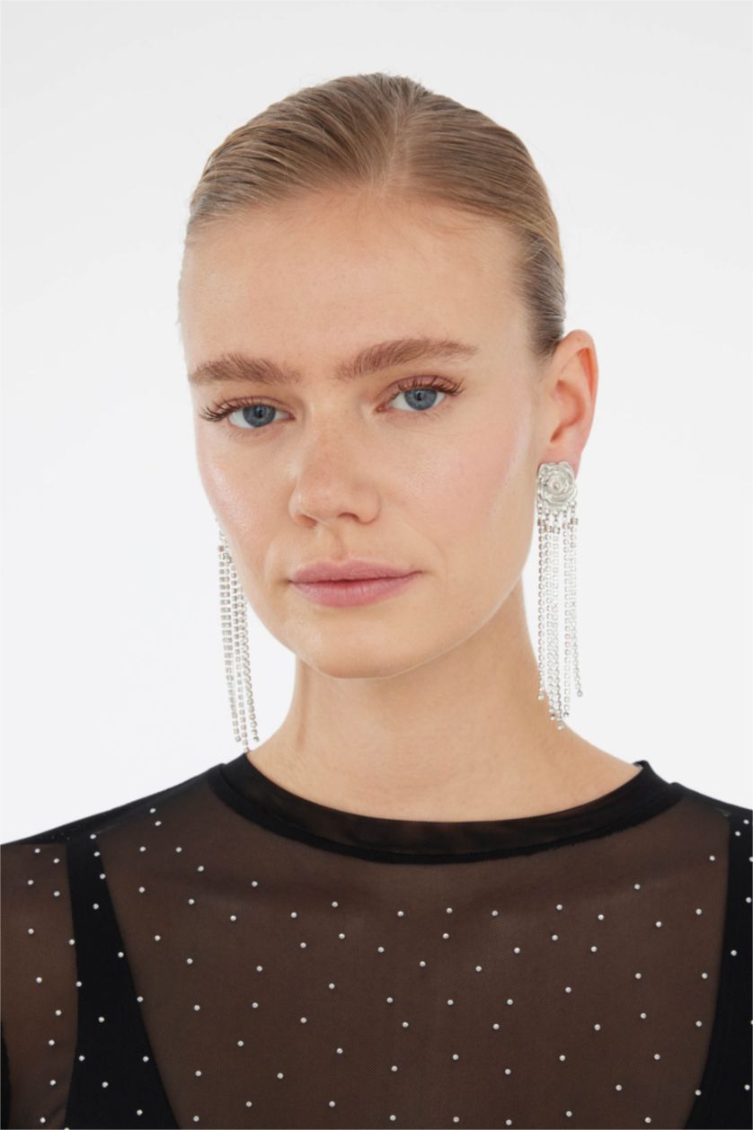 Kadın Gümüş Kadın Gül Detaylı Taşlı Sallantılı Silver Küpe