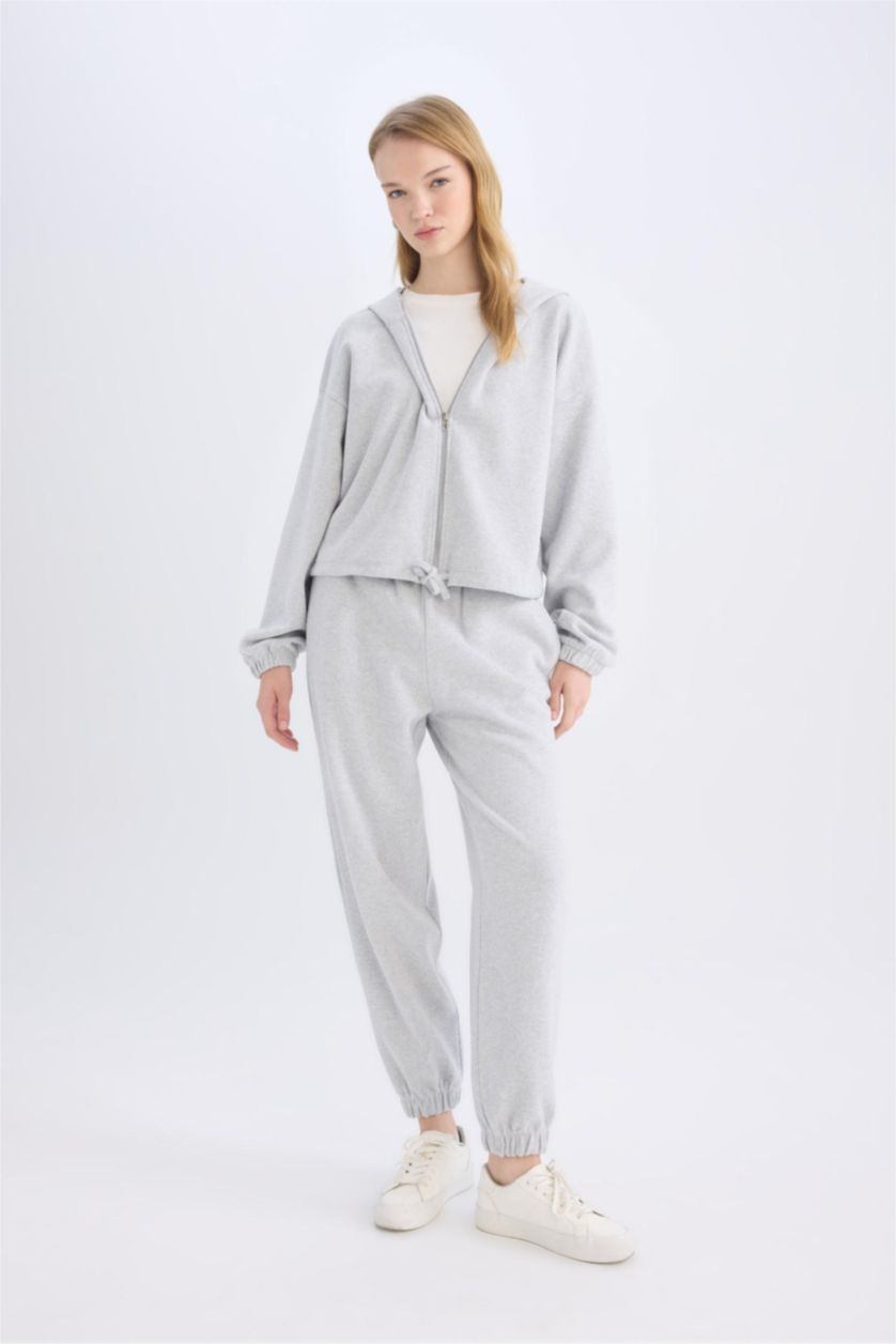 Kadın Gri Melanj Loose Fit Basic Düz Kapüşonlu Fermuarlı Sweatshirt