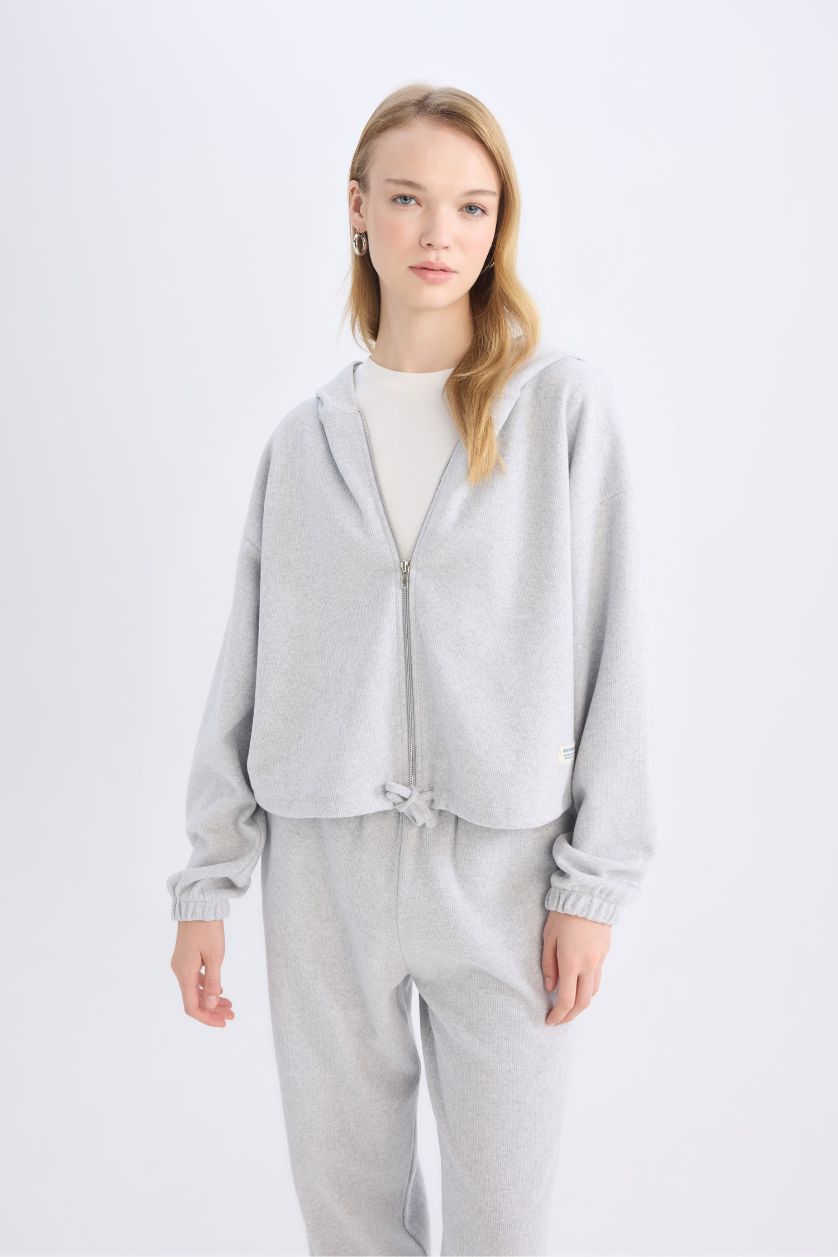Kadın Gri Melanj Loose Fit Basic Düz Kapüşonlu Fermuarlı Sweatshirt
