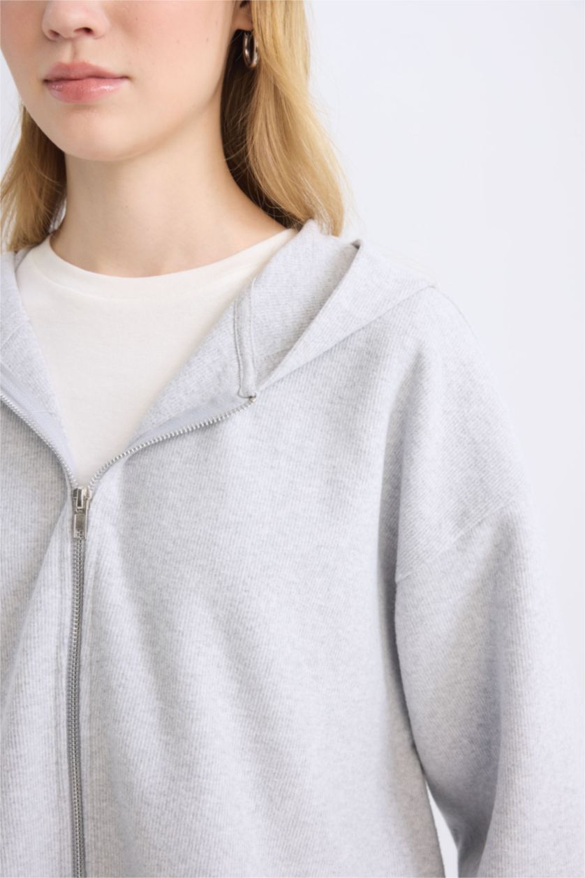 Kadın Gri Melanj Loose Fit Basic Düz Kapüşonlu Fermuarlı Sweatshirt