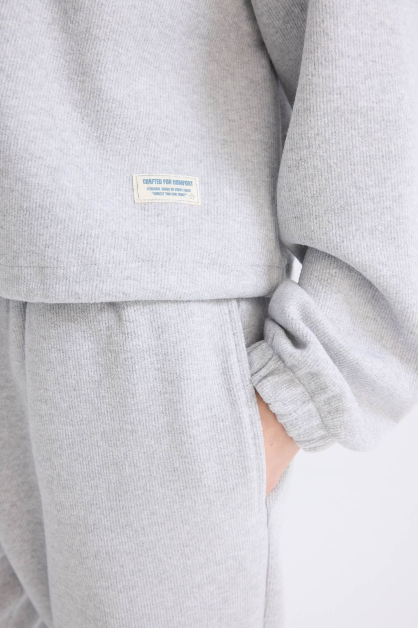 Kadın Gri Melanj Loose Fit Basic Düz Kapüşonlu Fermuarlı Sweatshirt