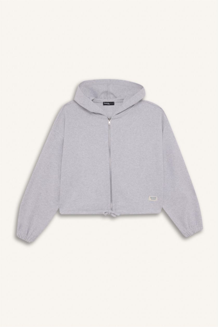 Kadın Gri Melanj Loose Fit Basic Düz Kapüşonlu Fermuarlı Sweatshirt