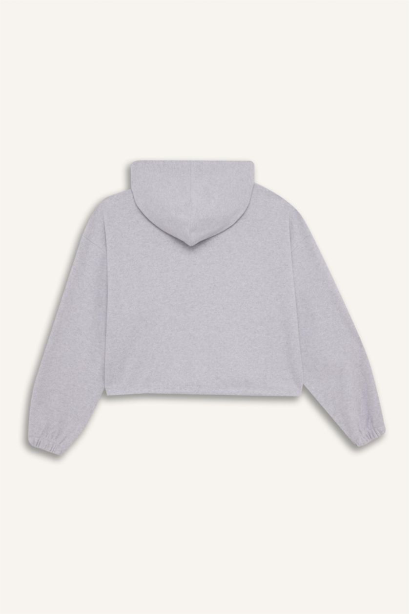 Kadın Gri Melanj Loose Fit Basic Düz Kapüşonlu Fermuarlı Sweatshirt