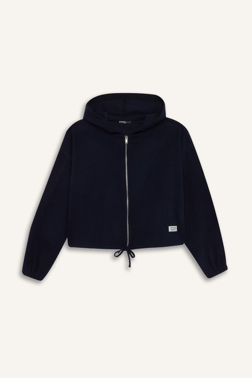 Woman NAVY Loose Fit Basic Hooded Zippered Sweatshirt