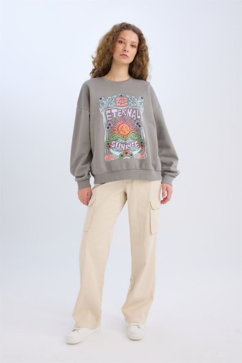 FEMME Anthracite Sweatshirt Coupe large Col rond à manches longues