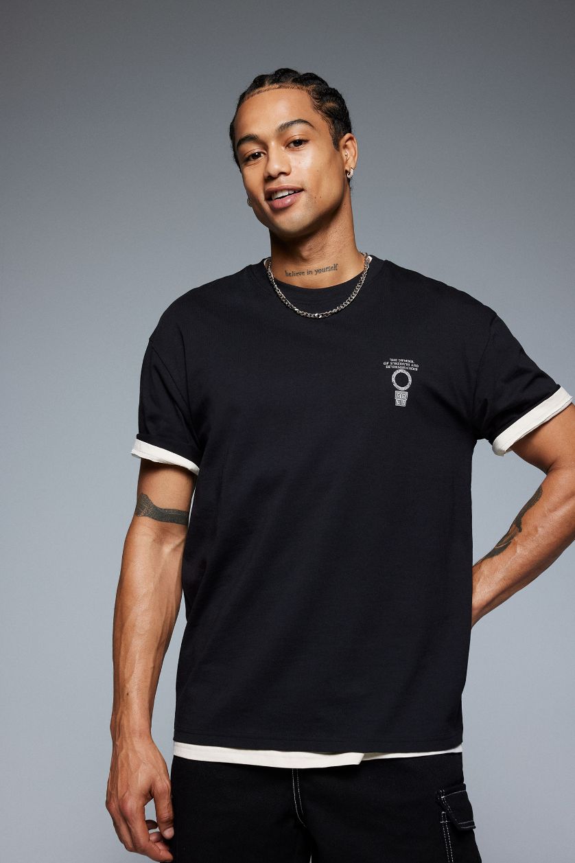 MAN Black Boxy Fit Crew Neck Printed Short Sleeve T-Shirt