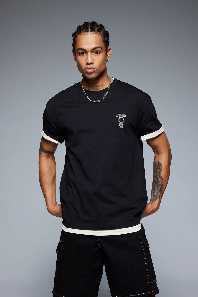 MAN Black Boxy Fit Crew Neck Printed Short Sleeve T-Shirt