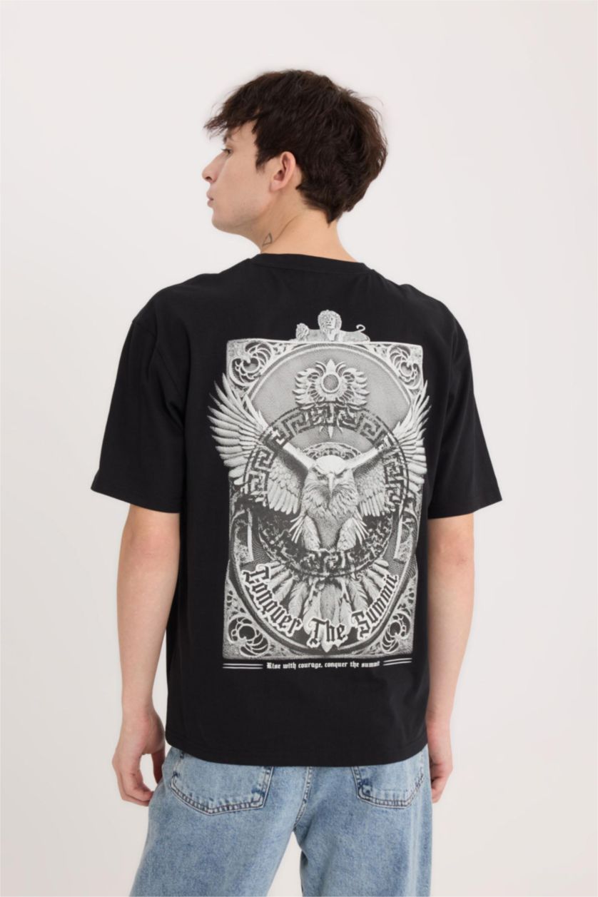 MAN Black Boxy Fit Crew Neck Printed Short Sleeve T-Shirt