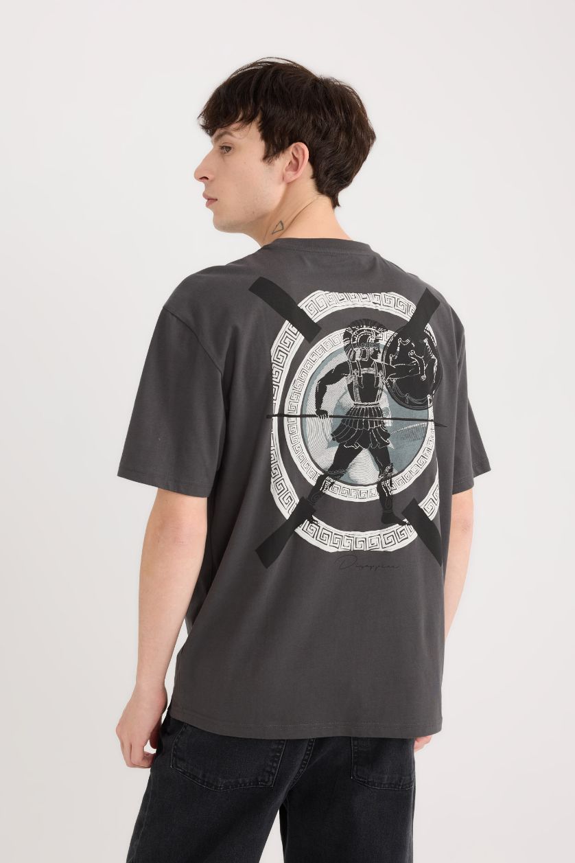 Erkek Antrasit %100 Pamuk Boxy Fit Bisiklet Yaka Sırt Baskılı Kısa Kollu Tişört