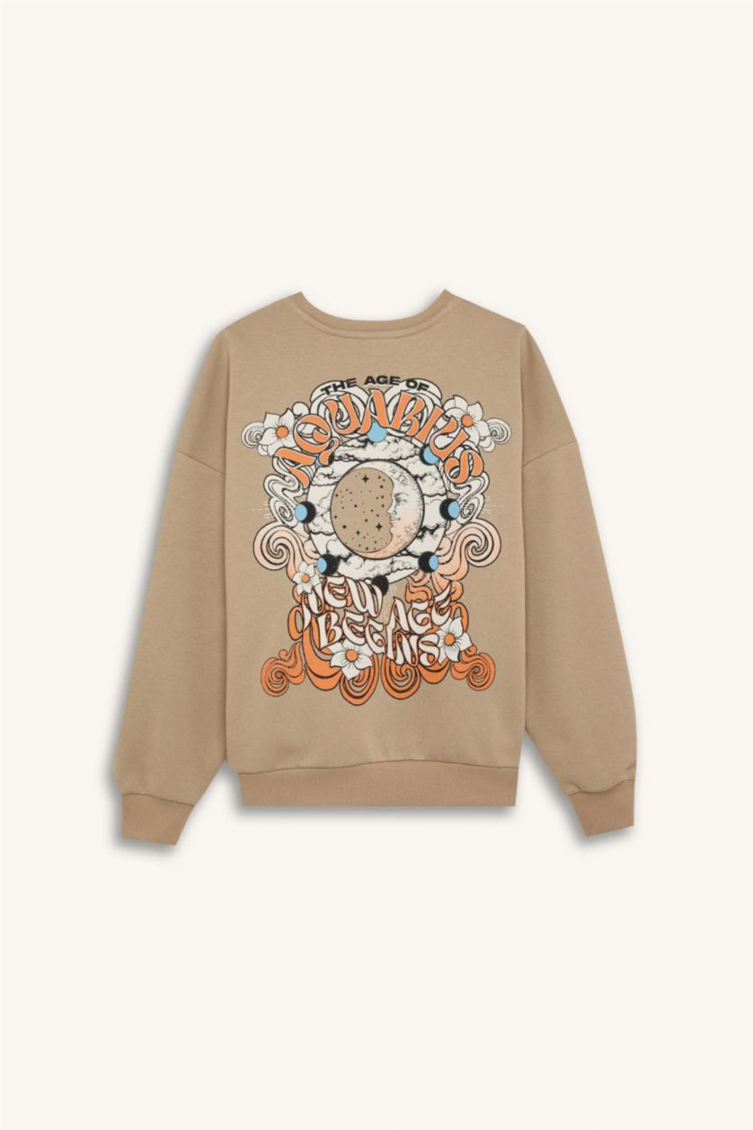 نساء بيج فاتح سويت شيرت ثقيل قصة فضفاضة بياخة مستديرة