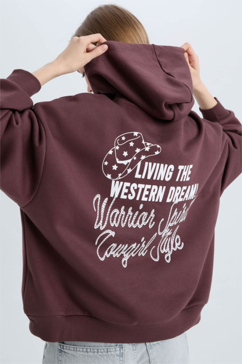 Kadın Kahve Loose Fit Kapüşonlu Sırt Baskılı Kalın Sweatshirt