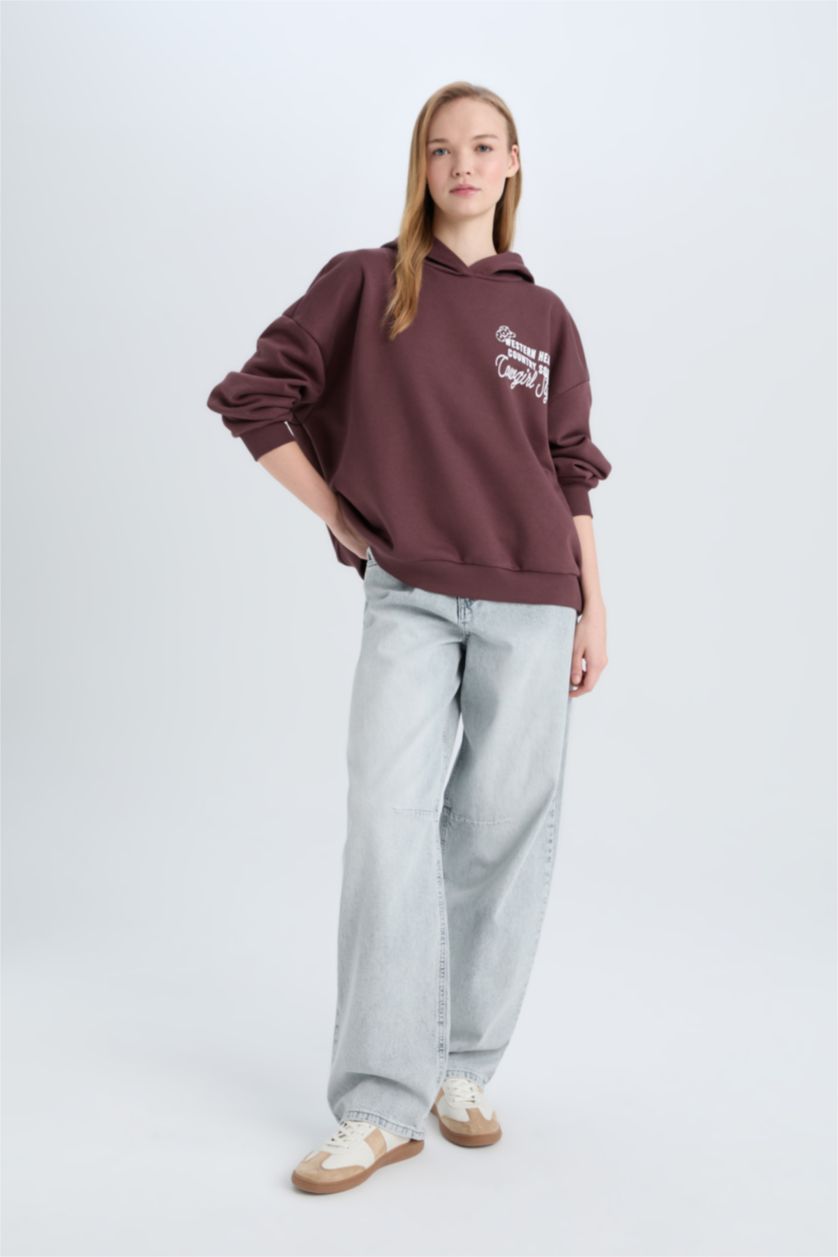 Kadın Kahve Loose Fit Kapüşonlu Sırt Baskılı Kalın Sweatshirt