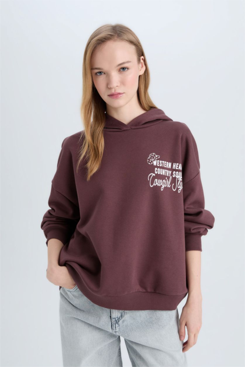 Kadın Kahve Loose Fit Kapüşonlu Sırt Baskılı Kalın Sweatshirt