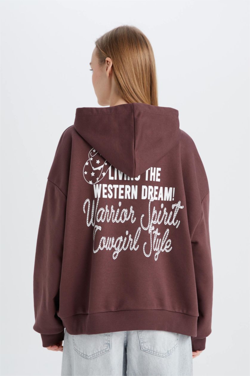 Kadın Kahve Loose Fit Kapüşonlu Sırt Baskılı Kalın Sweatshirt