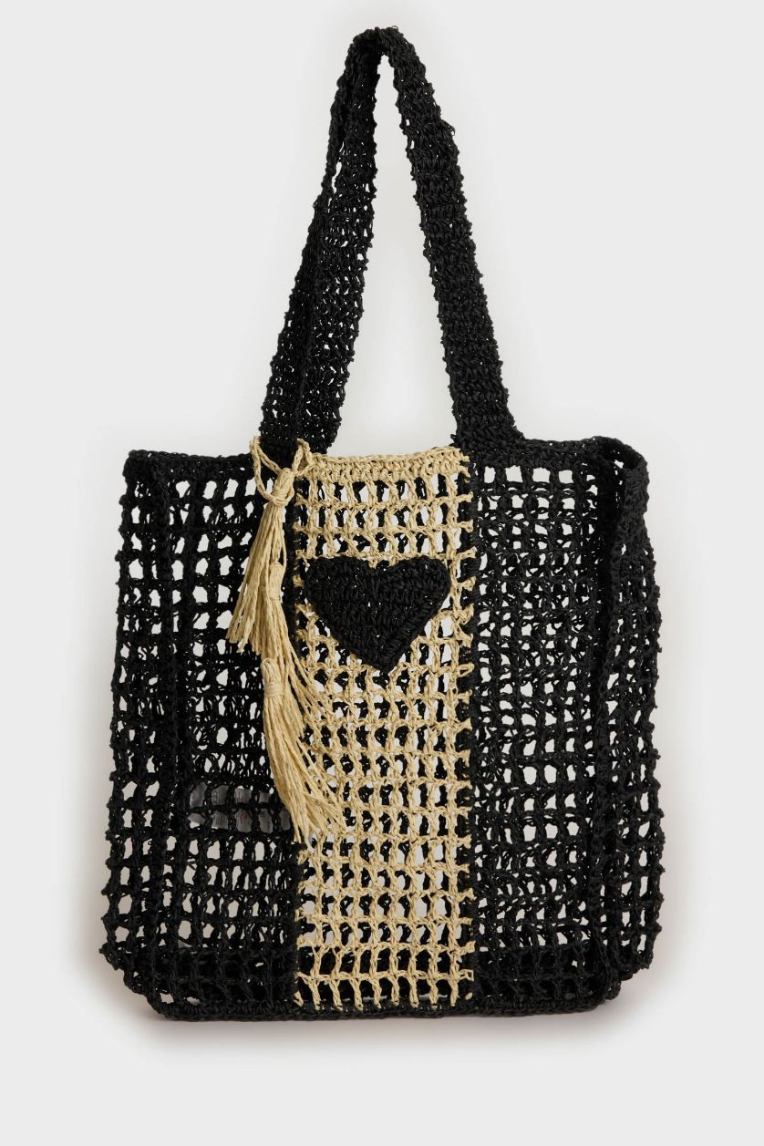 Woman Black Woman Straw Shoulder Bag