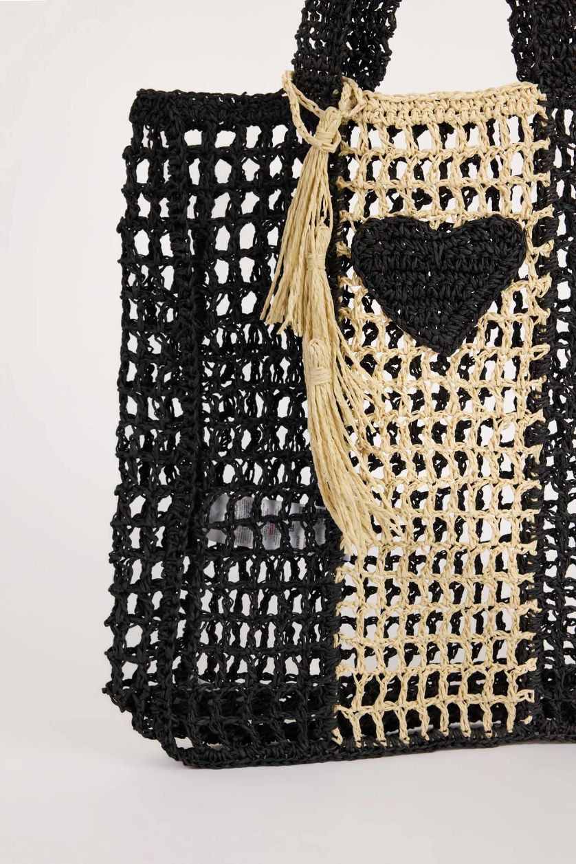 Woman Black Woman Straw Shoulder Bag