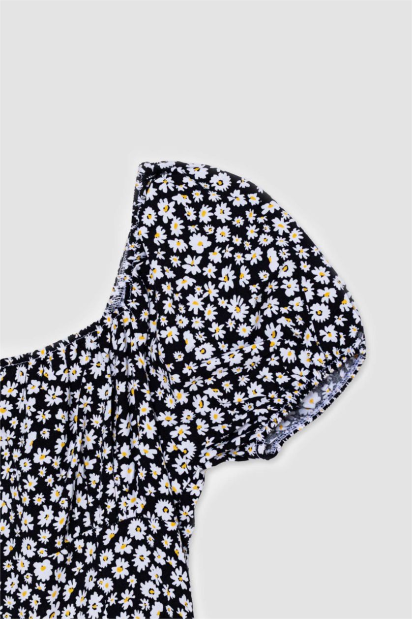 Женщины Черный Cool Платье с Квадратным Вырезом и Цветочным Принтом