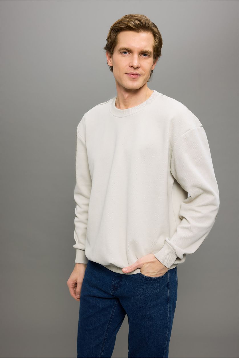Erkek Taş Boxy Fit Bisiklet Yaka Basic Düz Pike Sweatshirt