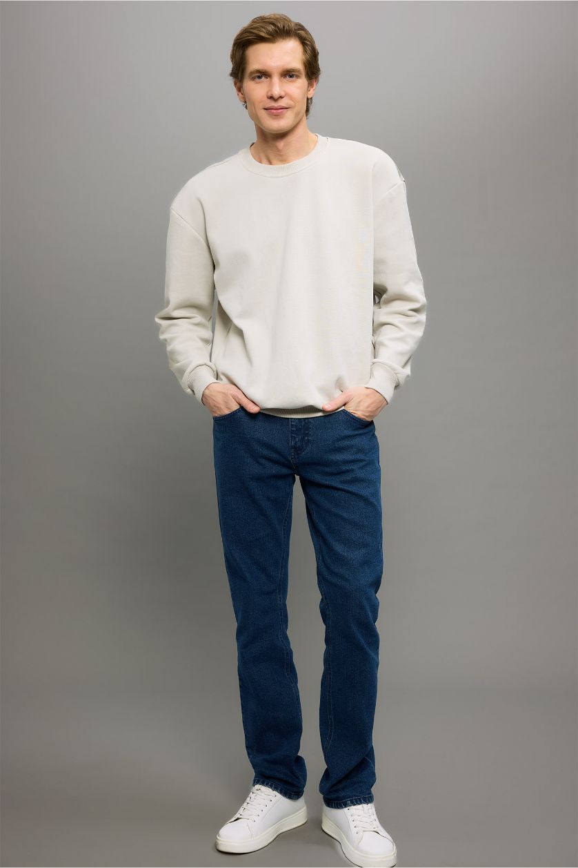 Erkek Taş Boxy Fit Bisiklet Yaka Basic Düz Pike Sweatshirt