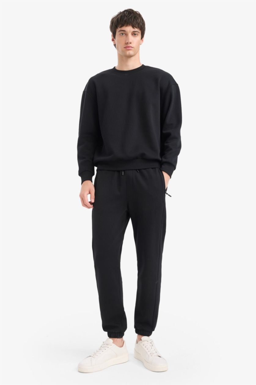 رجال أسود Boxy Fit Crew Neck Basic Pique Sweatshirt