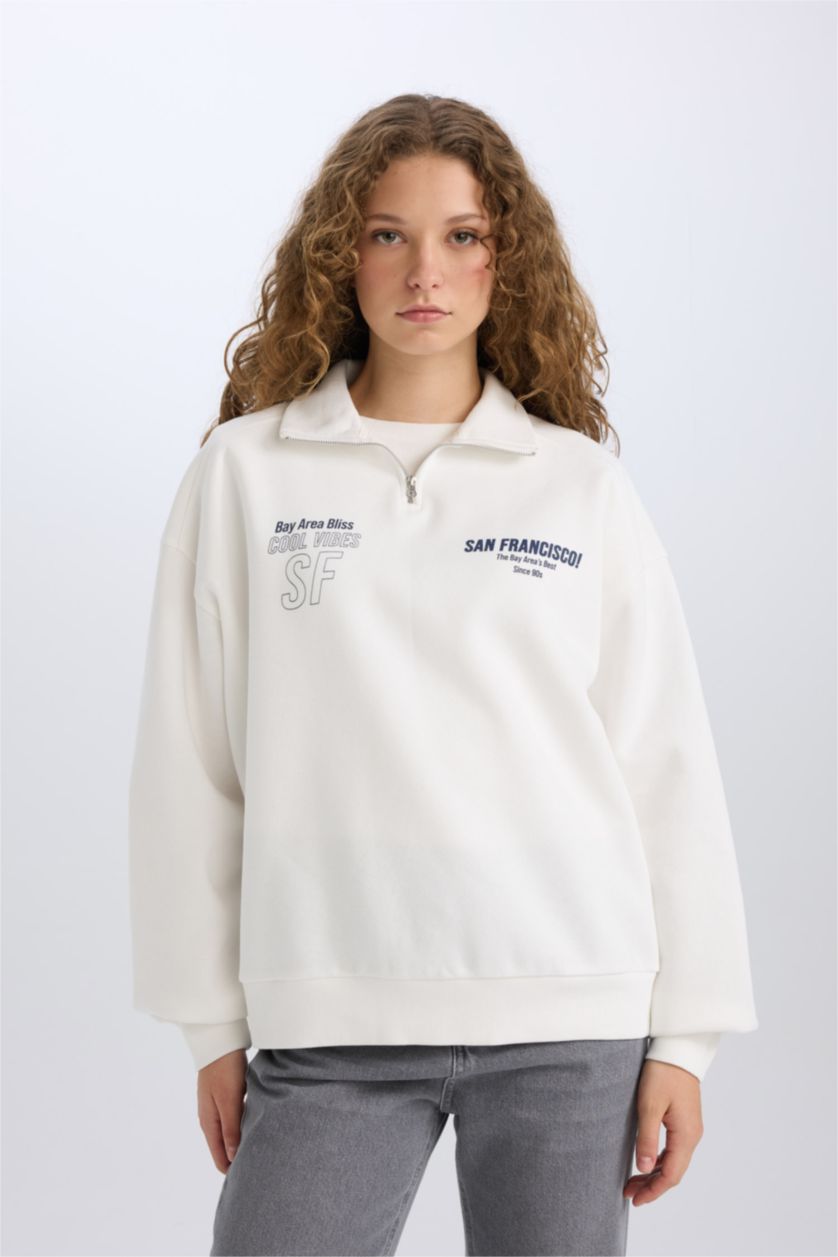 Женщины Кремовый Свитшот оверсайз с принтом из плотной ткани