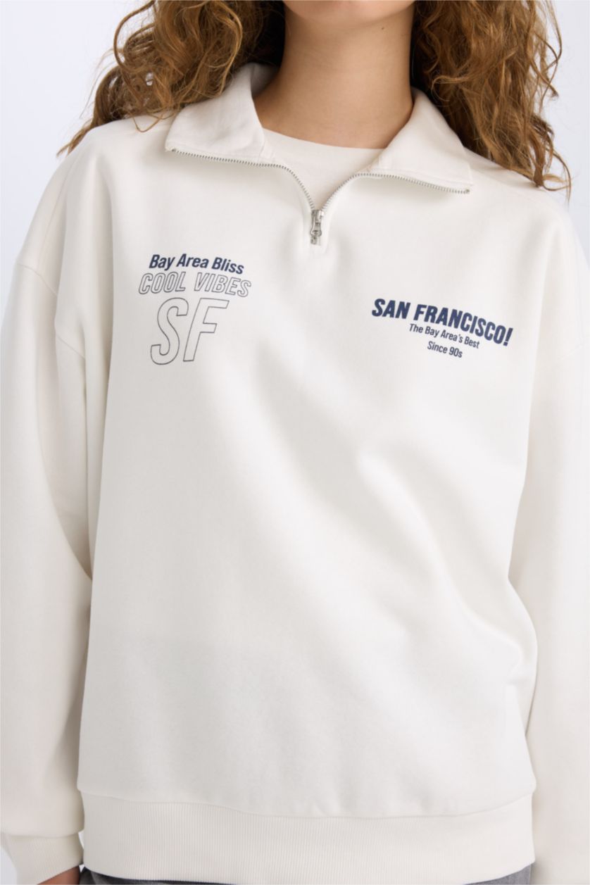 Женщины Кремовый Свитшот оверсайз с принтом из плотной ткани