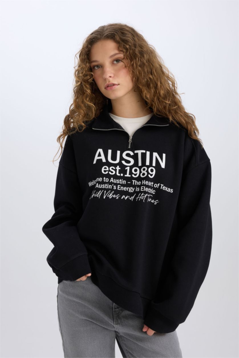 Kadın Siyah Oversize Geniş Kalıp Yarım Fermuarlı Sırt Baskılı Sweatshirt