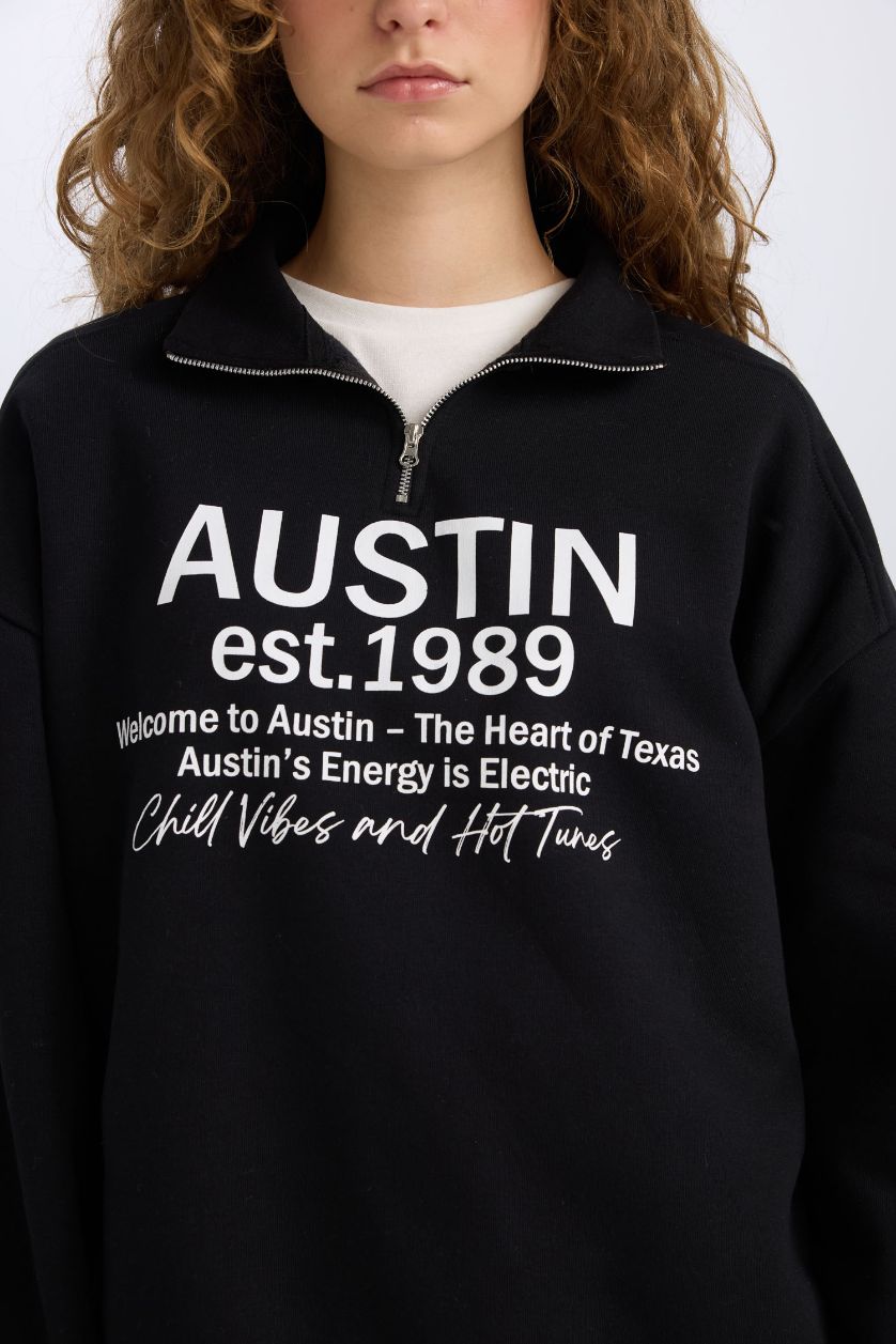 Kadın Siyah Oversize Geniş Kalıp Yarım Fermuarlı Sırt Baskılı Sweatshirt