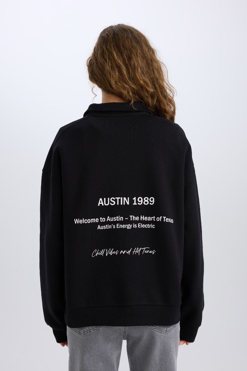 Kadın Siyah Oversize Geniş Kalıp Yarım Fermuarlı Sırt Baskılı Sweatshirt