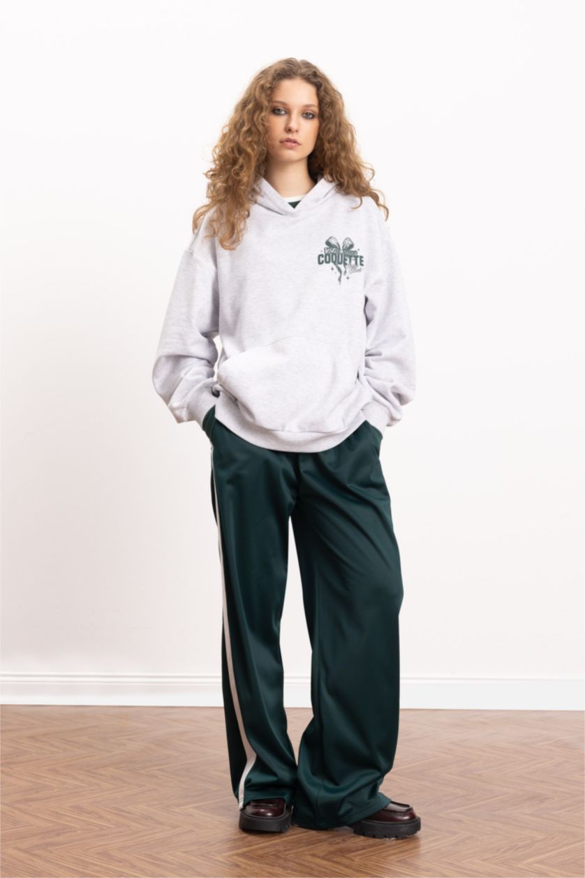 Kadın Gri Melanj Oversize Geniş Kalıp Kapüşonlu Baskılı Kalın Sweatshirt