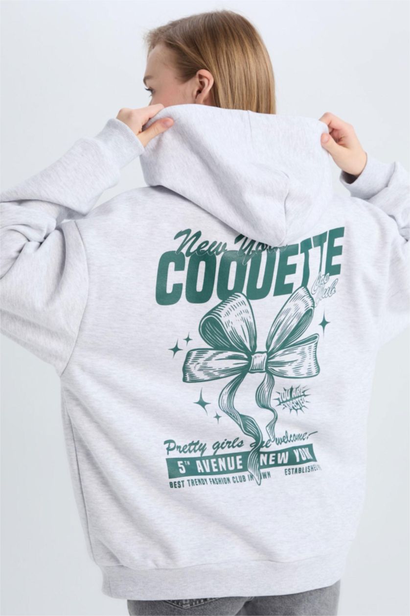 Kadın Gri Melanj Oversize Geniş Kalıp Kapüşonlu Baskılı Kalın Sweatshirt