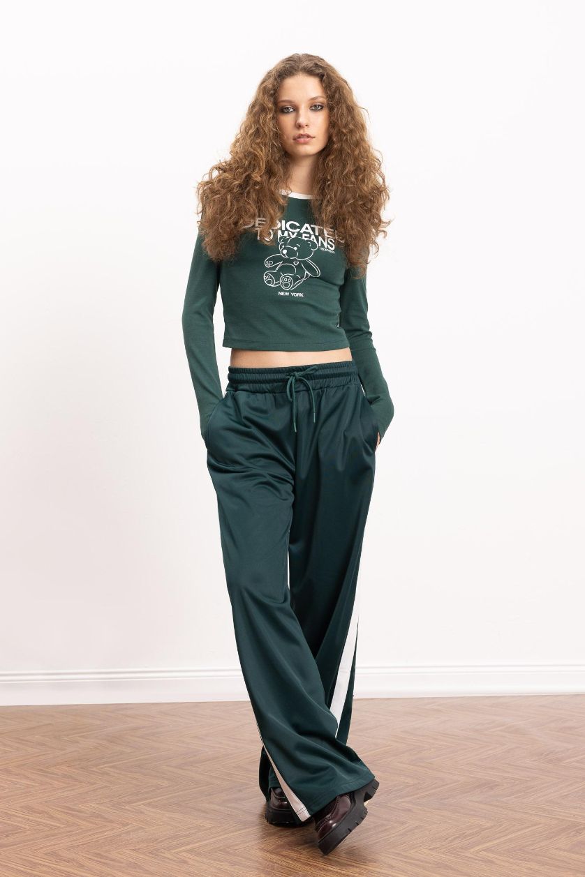 Kadın Yeşil Fitted Baskılı Bisiklet Yaka Ribana Uzun Kollu Tişört