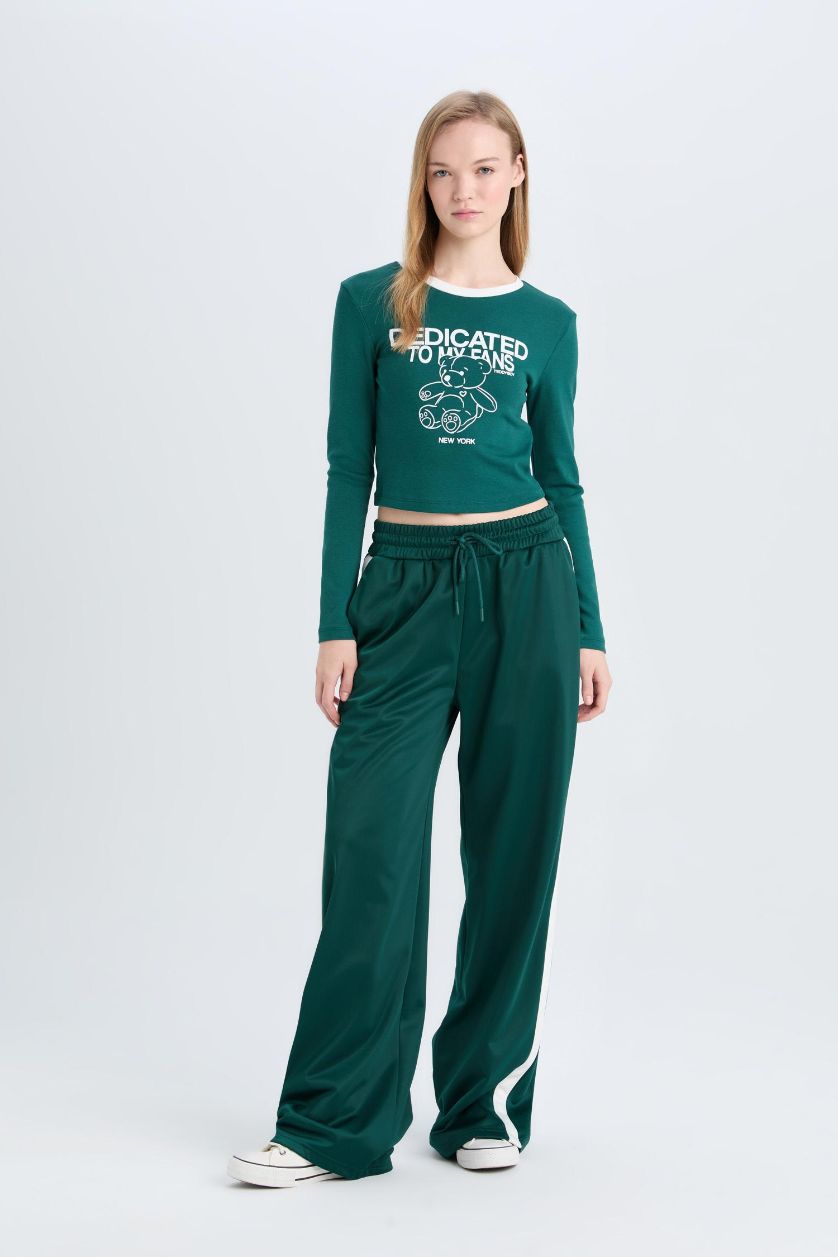 Kadın Yeşil Fitted Baskılı Bisiklet Yaka Ribana Uzun Kollu Tişört