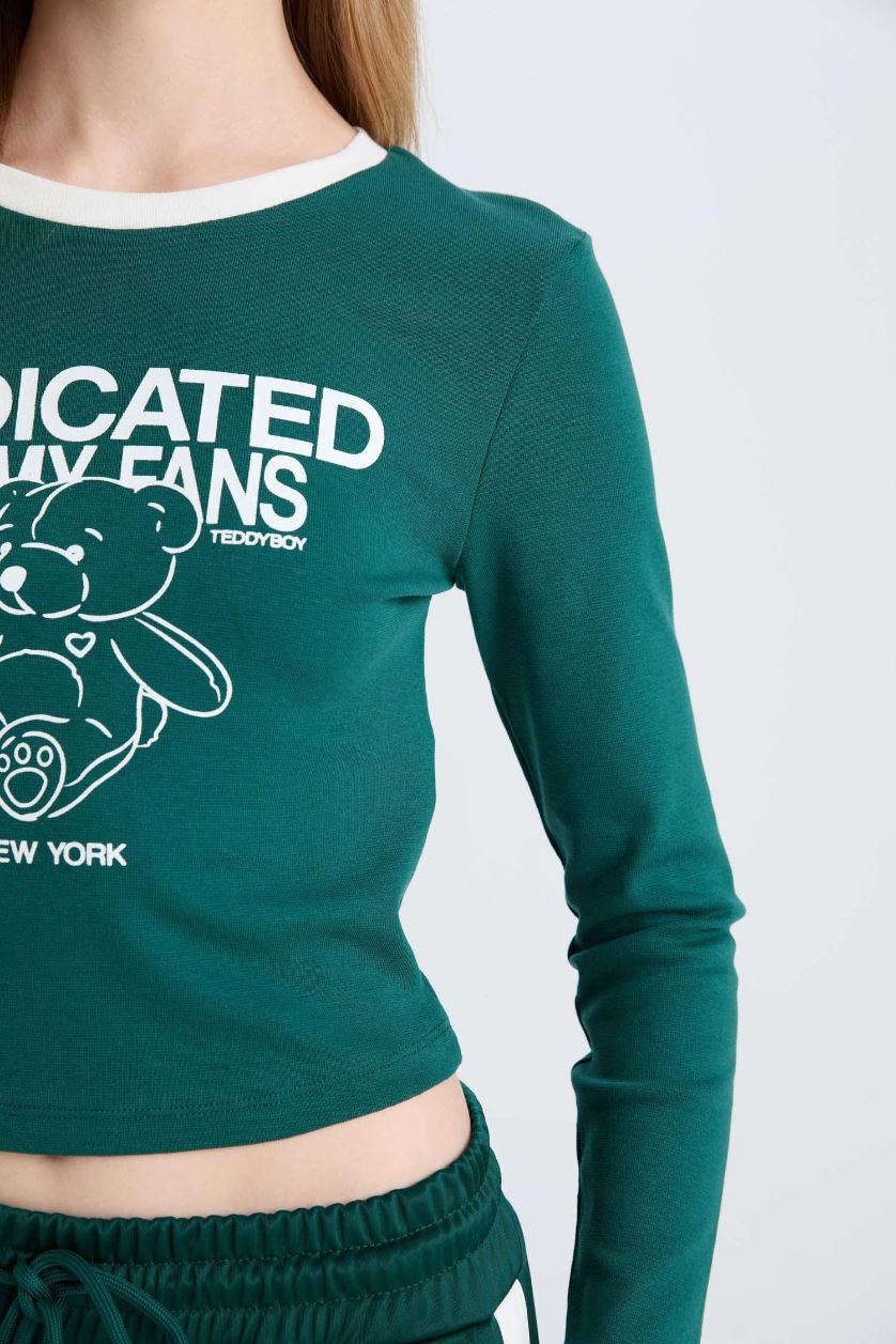 Kadın Yeşil Fitted Baskılı Bisiklet Yaka Ribana Uzun Kollu Tişört