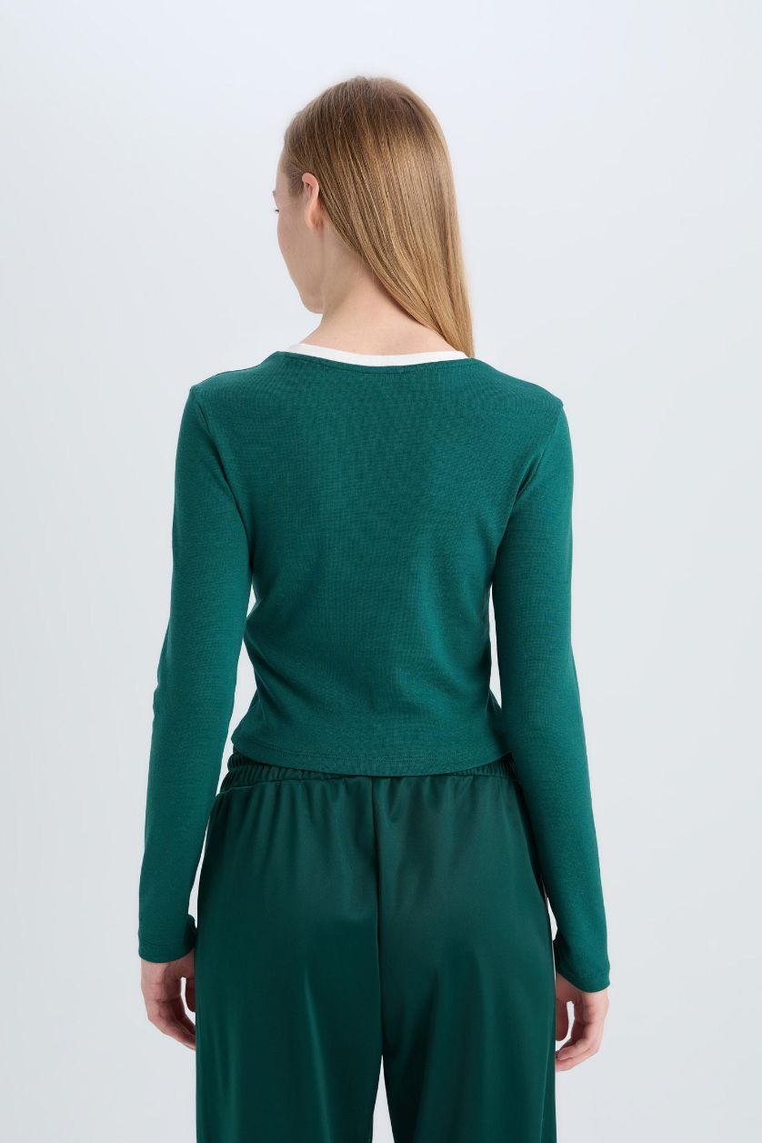 Kadın Yeşil Fitted Baskılı Bisiklet Yaka Ribana Uzun Kollu Tişört