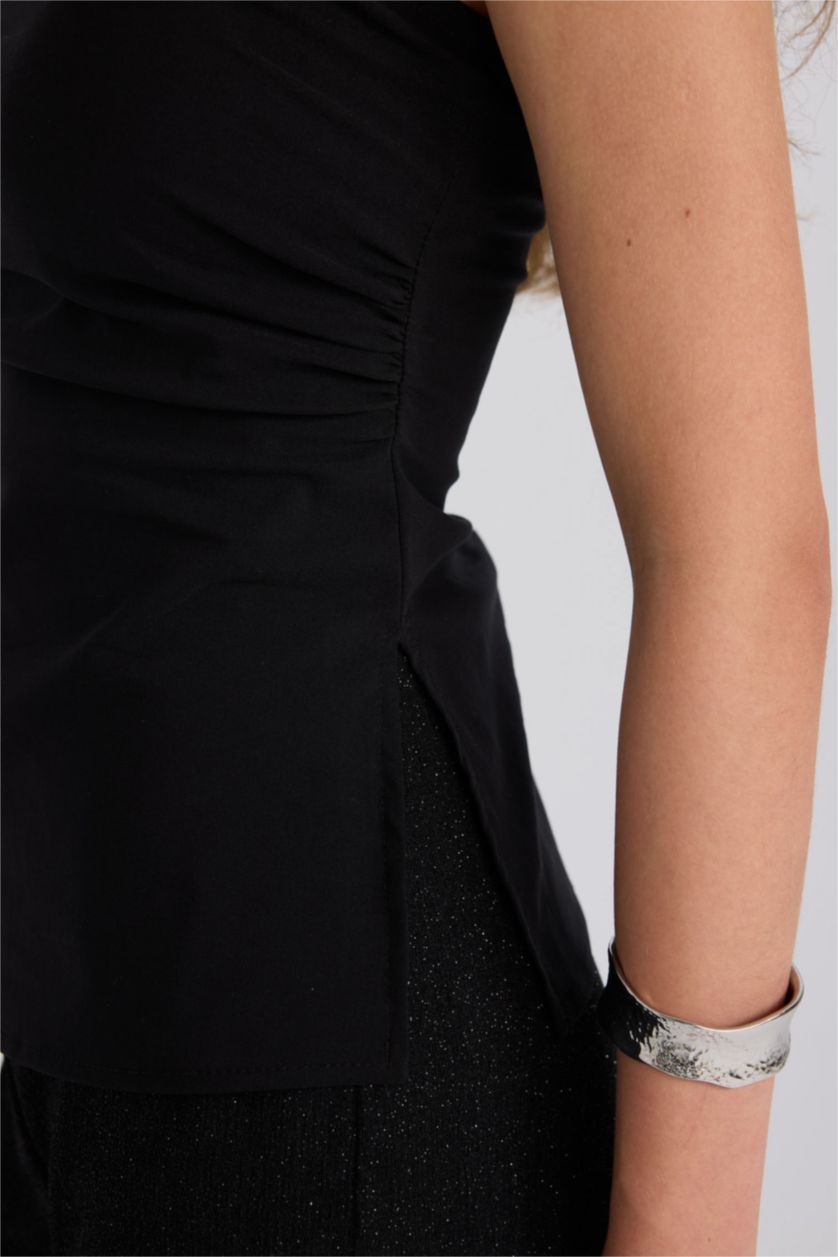 Kadın Siyah Fitted Bengalin Basic Düz Straplez Siyah Bluz