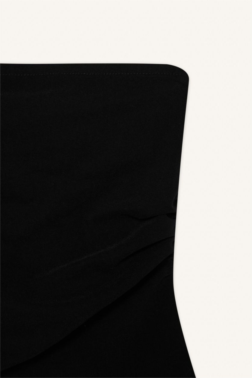 Kadın Siyah Fitted Bengalin Basic Düz Straplez Siyah Bluz