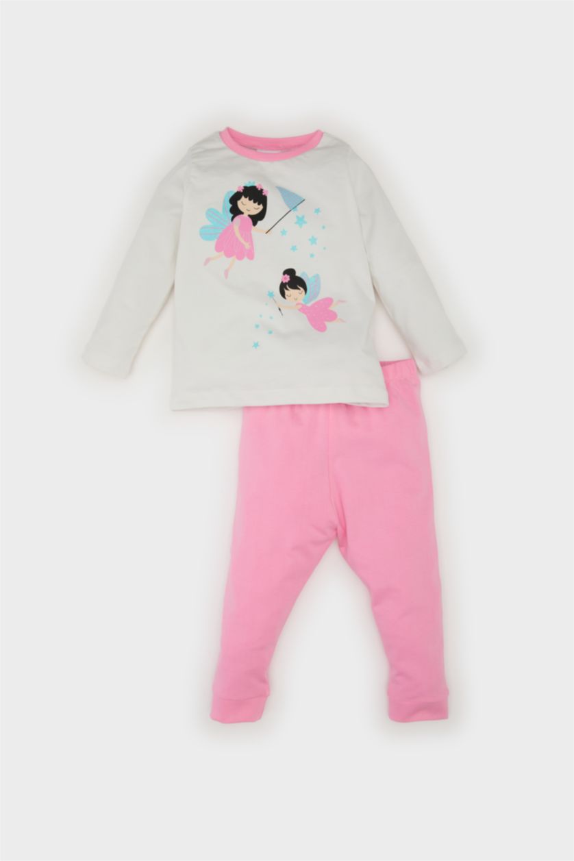 Kız Bebek Pembe Pijama Takımı Baskılı Uzun Kollu Penye Üst Beli Lastikli Uzun Alt Kız Bebek