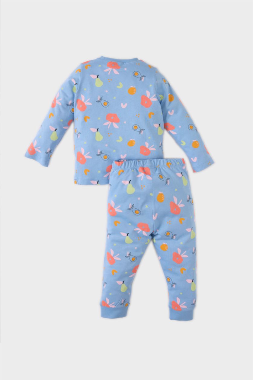 Kız Bebek Mavi Kız Bebek Pijama Takımı Çiçekli Uzun Kollu Penye Üst Beli Lastikli Uzun Alt