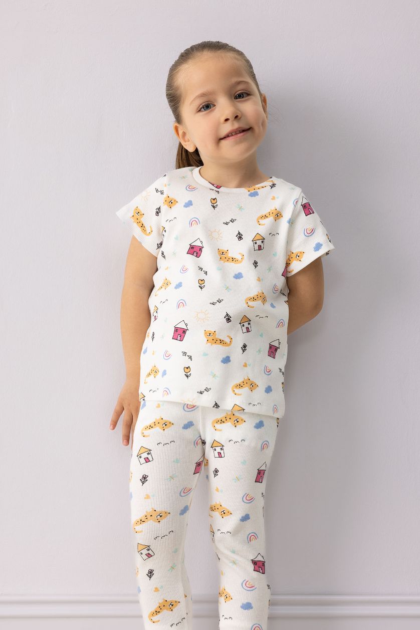 Kız Bebek Ekru Pijama Takımı Desenli Kısa Kollu Fitilli Kaşkorse Üst Beli Lastikli Uzun Alt Kız Bebek