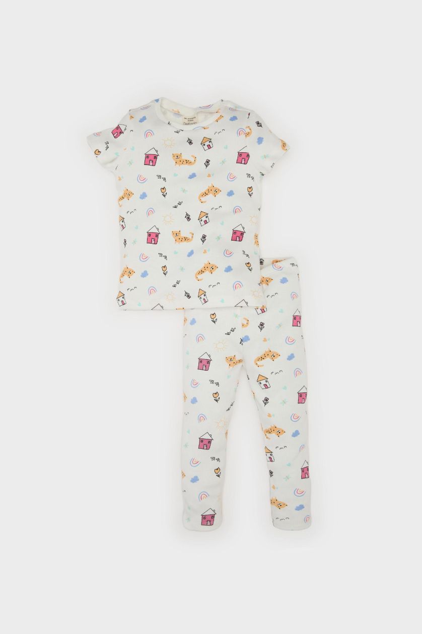 Kız Bebek Ekru Pijama Takımı Desenli Kısa Kollu Fitilli Kaşkorse Üst Beli Lastikli Uzun Alt Kız Bebek