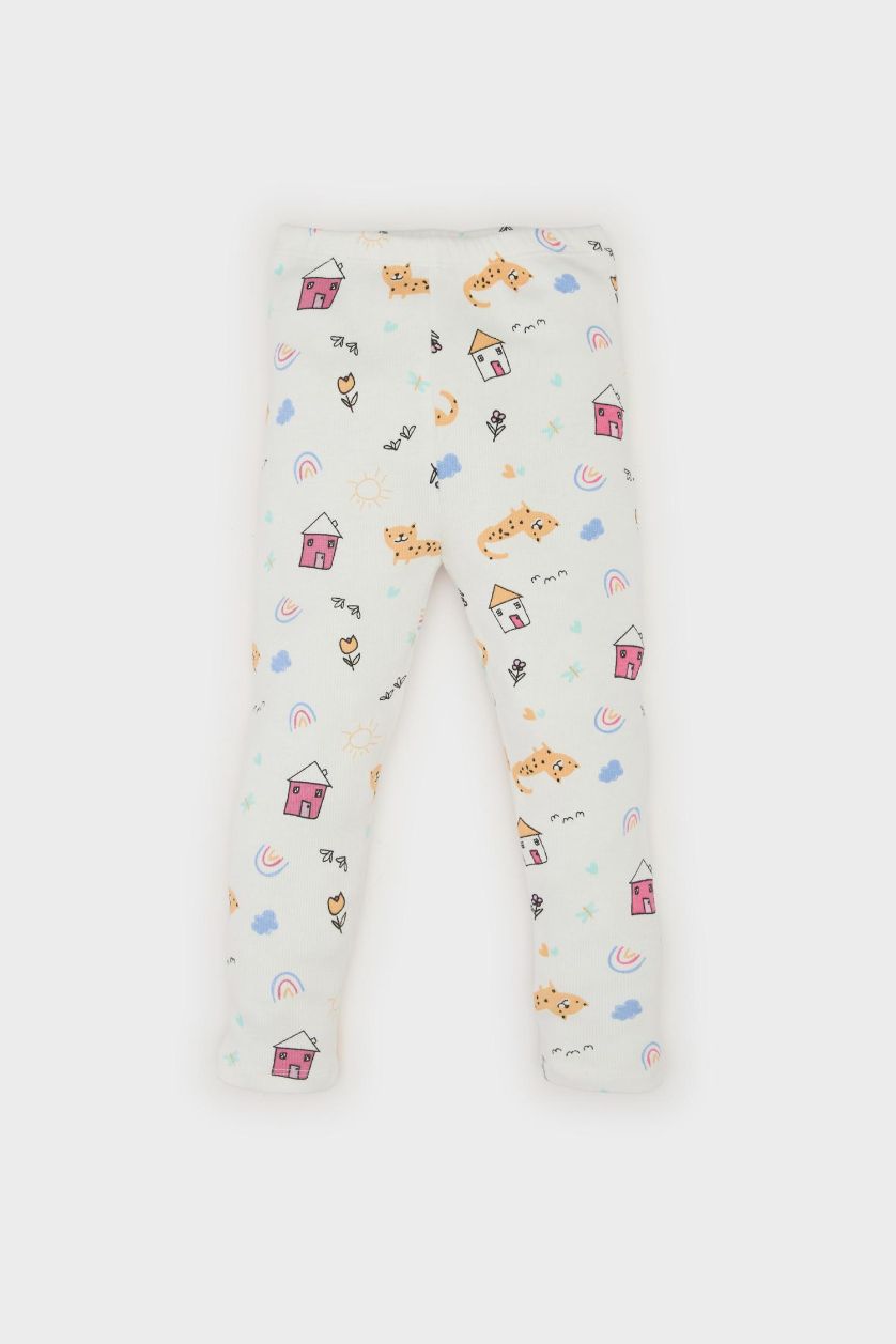 Kız Bebek Ekru Pijama Takımı Desenli Kısa Kollu Fitilli Kaşkorse Üst Beli Lastikli Uzun Alt Kız Bebek