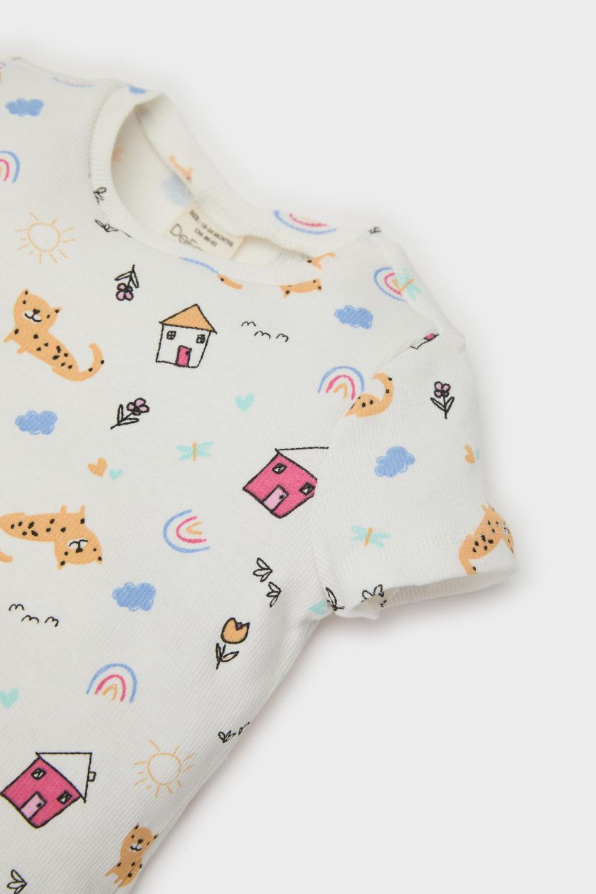 Kız Bebek Ekru Pijama Takımı Desenli Kısa Kollu Fitilli Kaşkorse Üst Beli Lastikli Uzun Alt Kız Bebek