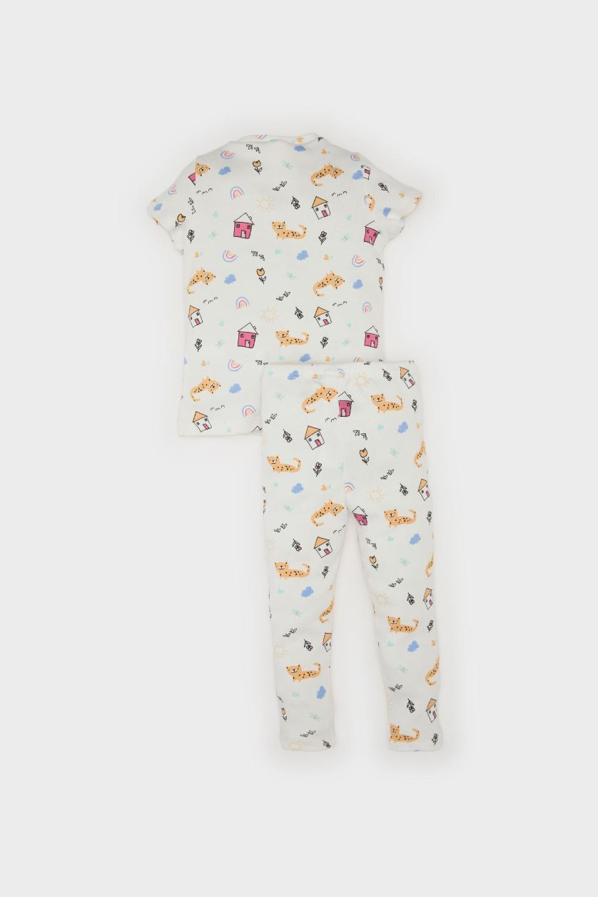 Kız Bebek Ekru Pijama Takımı Desenli Kısa Kollu Fitilli Kaşkorse Üst Beli Lastikli Uzun Alt Kız Bebek